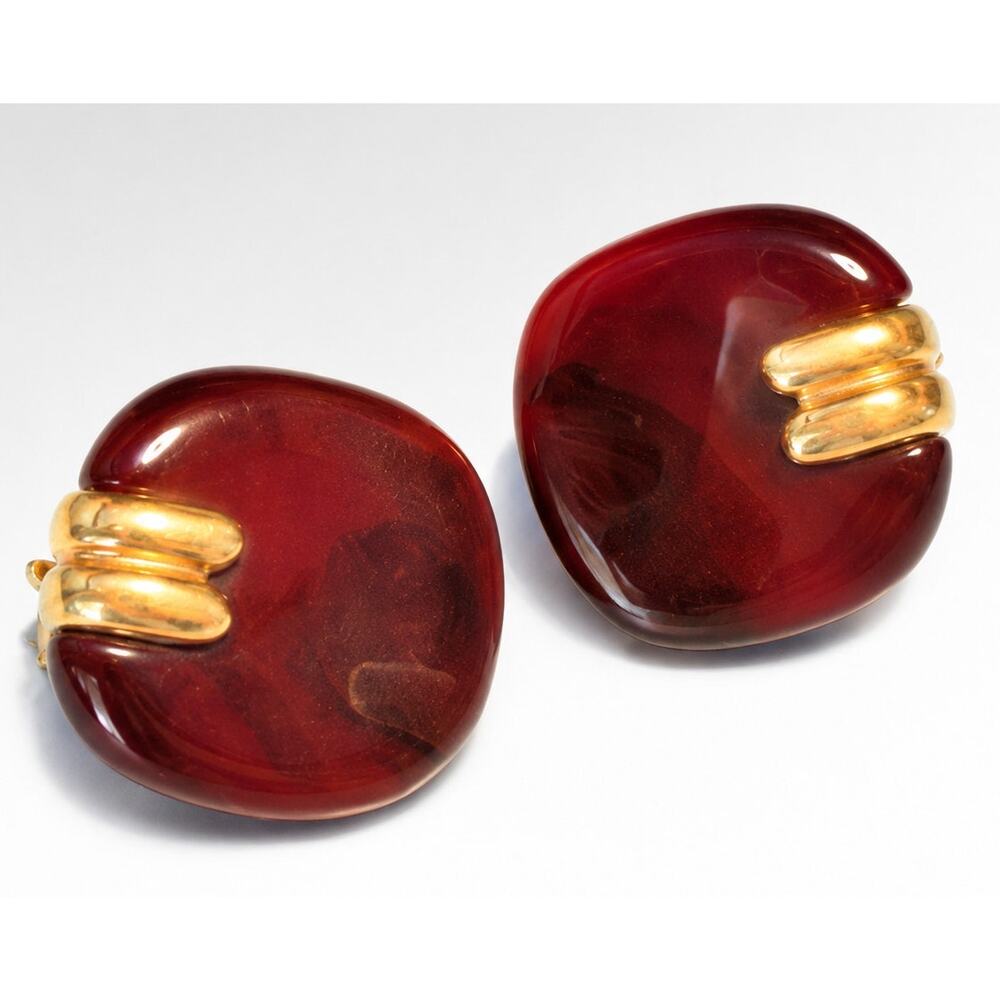 Vintage Trifari Clip On Earrings‎ Root beer Lucite Signed Brown & Gold bc-30